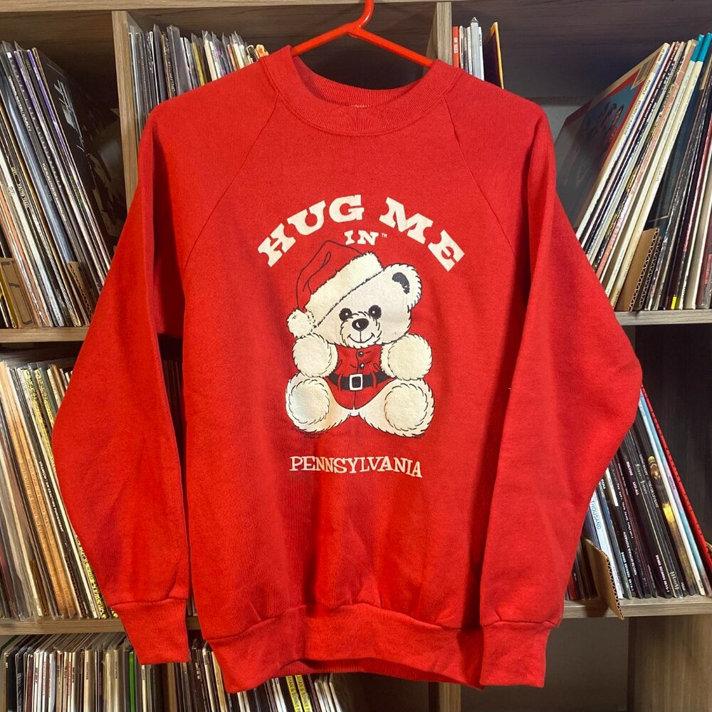 Vintage 80s Christmas Sweater Hug Me in Pennsylvania MEDIUM Teddy Bear Holiday